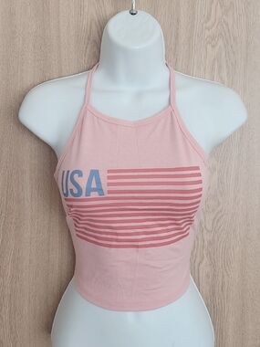 ❤️ NWOT Pink USA Striped Halter Crop Top